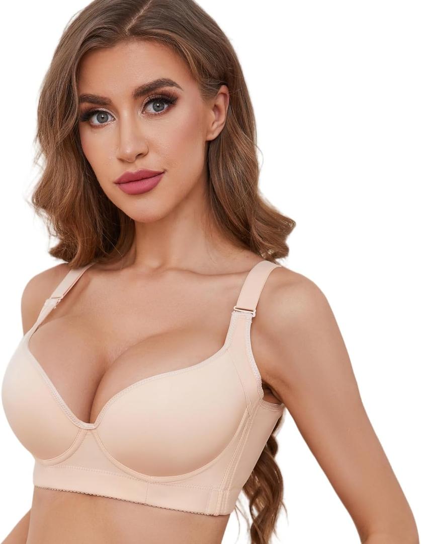 Plus Size Push Up Bra - Hide Back Fat, Smoothing, Supportive Underwire (34C, Beige)
