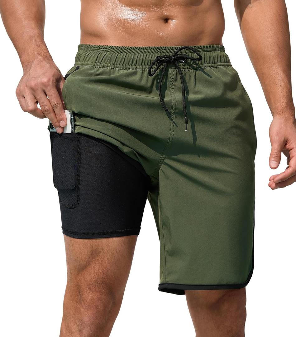 Mens Swim Trunks with Compression Liner 9 Inch Quick Dry Bathing Suit Board Shorts with Zipper Pockets (32, A-army Green)