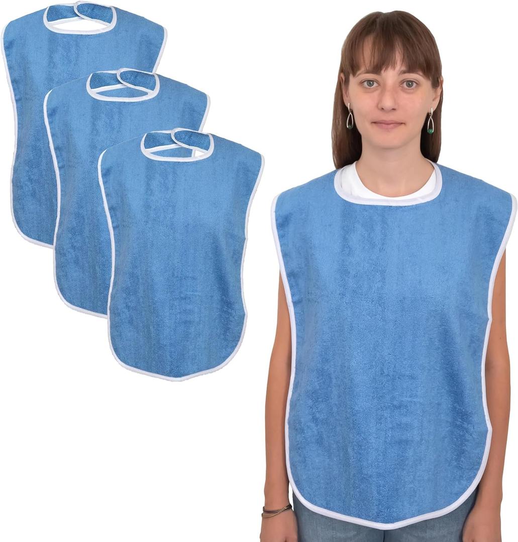 Elaine Karen Adult Bibs for Eating - Adult Bibs for Women - Bib for Men & Seniors - Bib for Adults, Clothing Protector, 100% Cotton Terry Cloth, Large 18x30, Absorbent, Machine Washable, Blue, 3 Pack