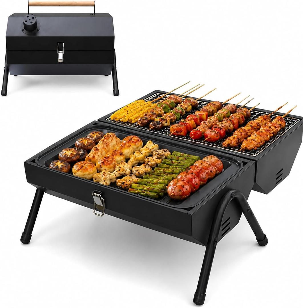 Tabletop Charcoal Grill, Portable Foldable Tabletop BBQ Grill with Dual Sided Griddle & Grill, Compact Folded Design, Thickened Body for Camping, Picnic & Outdoor Cooking
