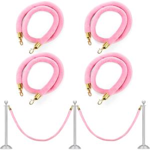 Okllen Pack of 4 Velvet Stanchion Rope Pink, 5 Ft Crowd Control Ropes Safety Barriers with Polished Gold Clasps, Hanging VIP Rope for Red Pink Carpet Theme Event and Party Events Decor