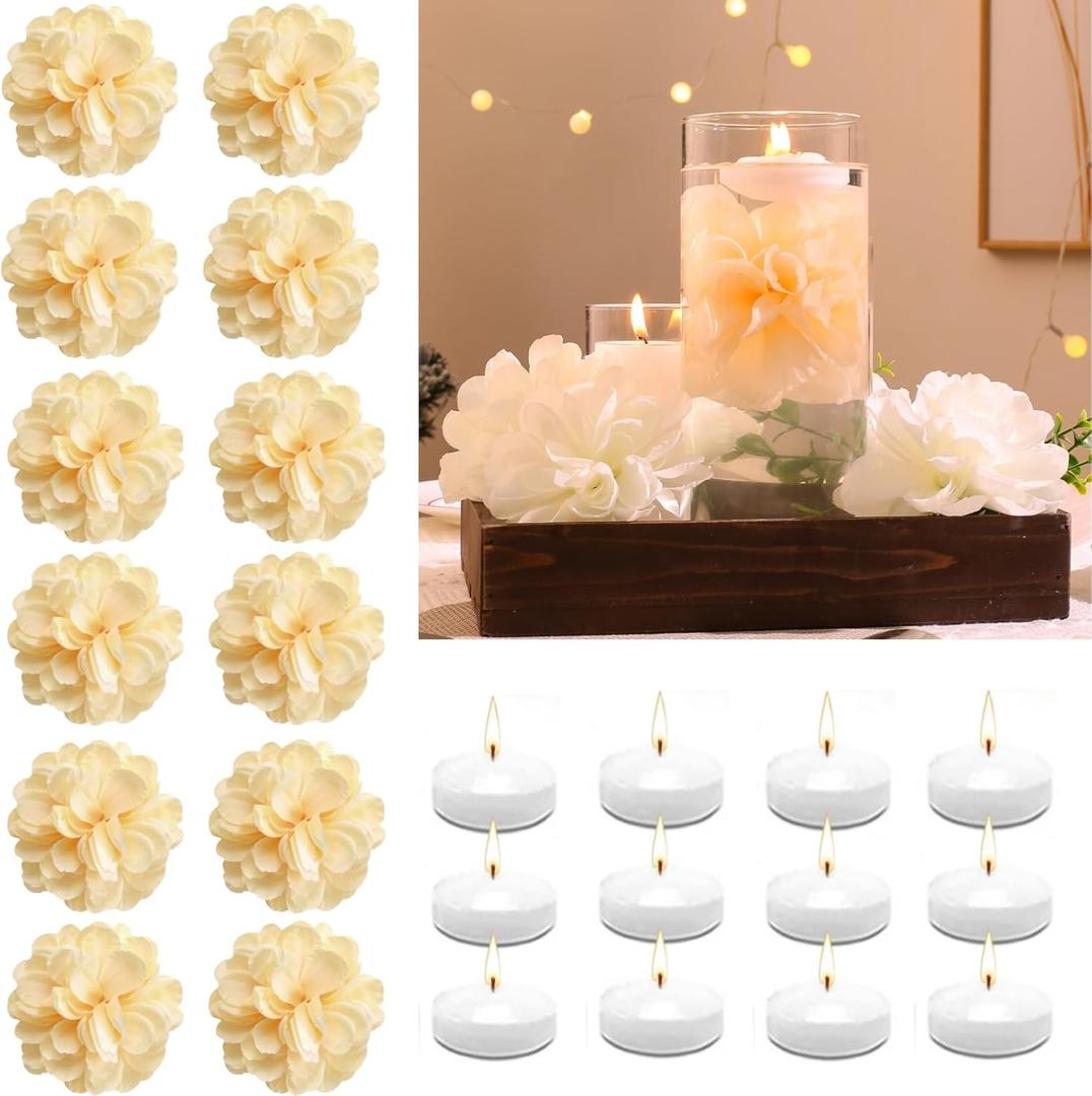 24 Pcs Floating Candles for Centerpieces and Floating Flowers Artificial Flowers Head Vase Filler for Party Home Table Wedding Centerpieces Decoration (Champagne)
