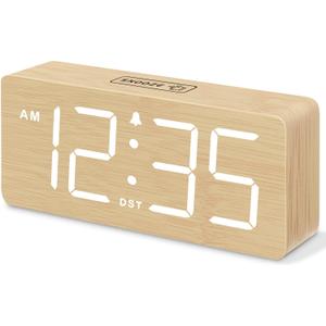 DreamSky Wooden Digital Alarm Clock for Bedroom - Desk Clocks for Living Room with Large Numbers, Dimmer, Loud Alarm for Heavy Sleepers with Volume Control, DST, Office Wood Decor (Plug in Clock) (Bamboo-white)