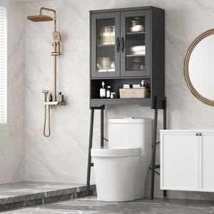 Over The Toilet Storage Cabinet with Tempered Glass Doors & Adjustable Shelf, Bathroom Organizer with Metal Stand Space Saver Over Toilet , Tall Freestanding Shelf/Rack for Bathroom, Black, 23.6 inches x 66.5 inches x 9.4 inches