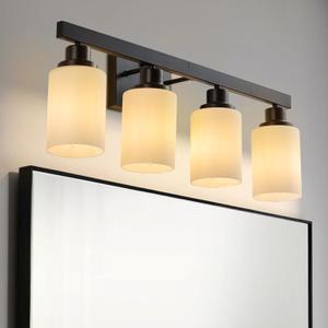 Matte Black Bathroom Vanity Lights with Milky White Glass Shade,Bathroom Lighting Fixtures Over Mirror,4 Light Vanity Light, E26 Socket (Bulbs Not Included)