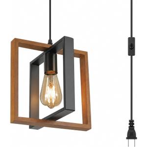 Plug in Pendant Light with 16.4ft Cord, Farmhouse Hanging Light Fixture with On/Off Switch, Modern Industrial Wood & Metal Cage Swag Lamp, No Wiring Needed for Kitchen Island Bedroom Entryway