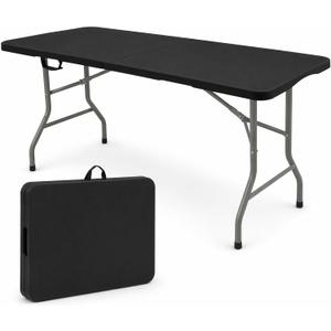 HAISIWLKJ Folding Table 6 FT Lightweight Camping Table Black Portable Plastic Rectangular Outdoor Dining Table Steel Legs Fold-in-Half with Carrying Handle for Indoor,Picnic,Party,Wedding,Events