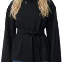 Women Cropped Trench Coat Funnel Neck Wool Jackets Oversized Belted Pea Coats Fall Winter Trendy Casual Outfits 2025 (Small, Black)