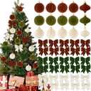 Syhood 60 Pcs Neutral Velvet Christmas Ornaments 30 Flocked Hanging Ball Ornament for Christmas Tree 30 Velvet Bow Green Brown Cream Shatterproof Ball Decoration Assortment Xmas Tree Winter Party