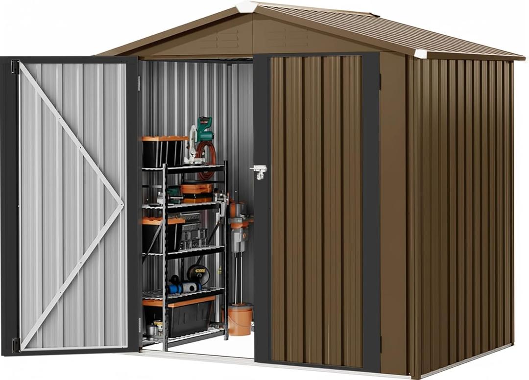 DWVO 6x4ft Outdoor Storage Shed, Lockable Metal Tool Storage Sheds, Waterproof Garden Sheds with Vents for Backyard, Patio, Garage, Lawn, Brown