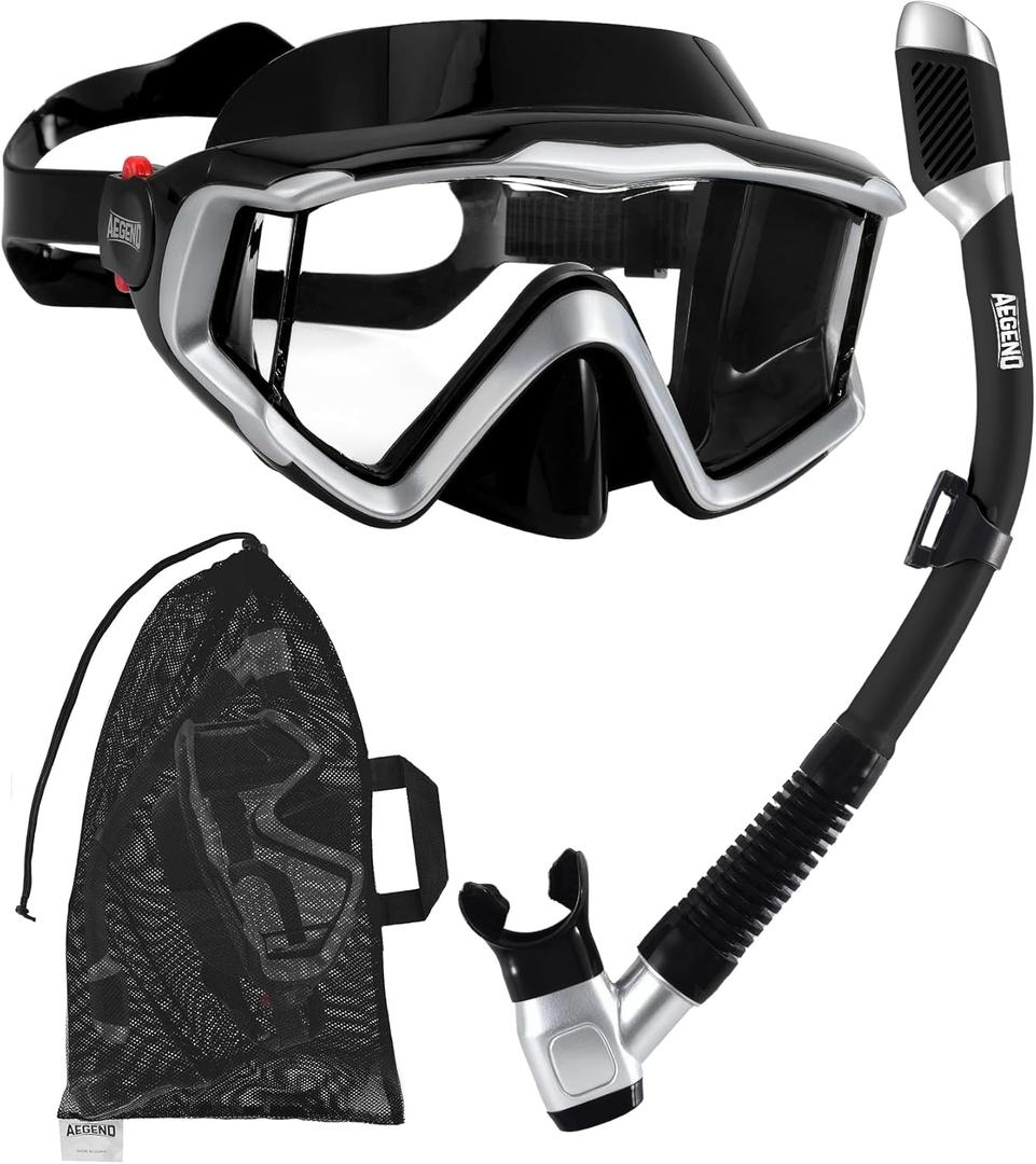 Aegend Snorkeling Gear for Adults Youth Kids, Snorkel Mask with Top Dry Valve - Panoramic View Anti-Leak and Anti-Fog with Mesh Bag for Snorkeling, Scuba Diving, Freediving & Swimming (Silver)