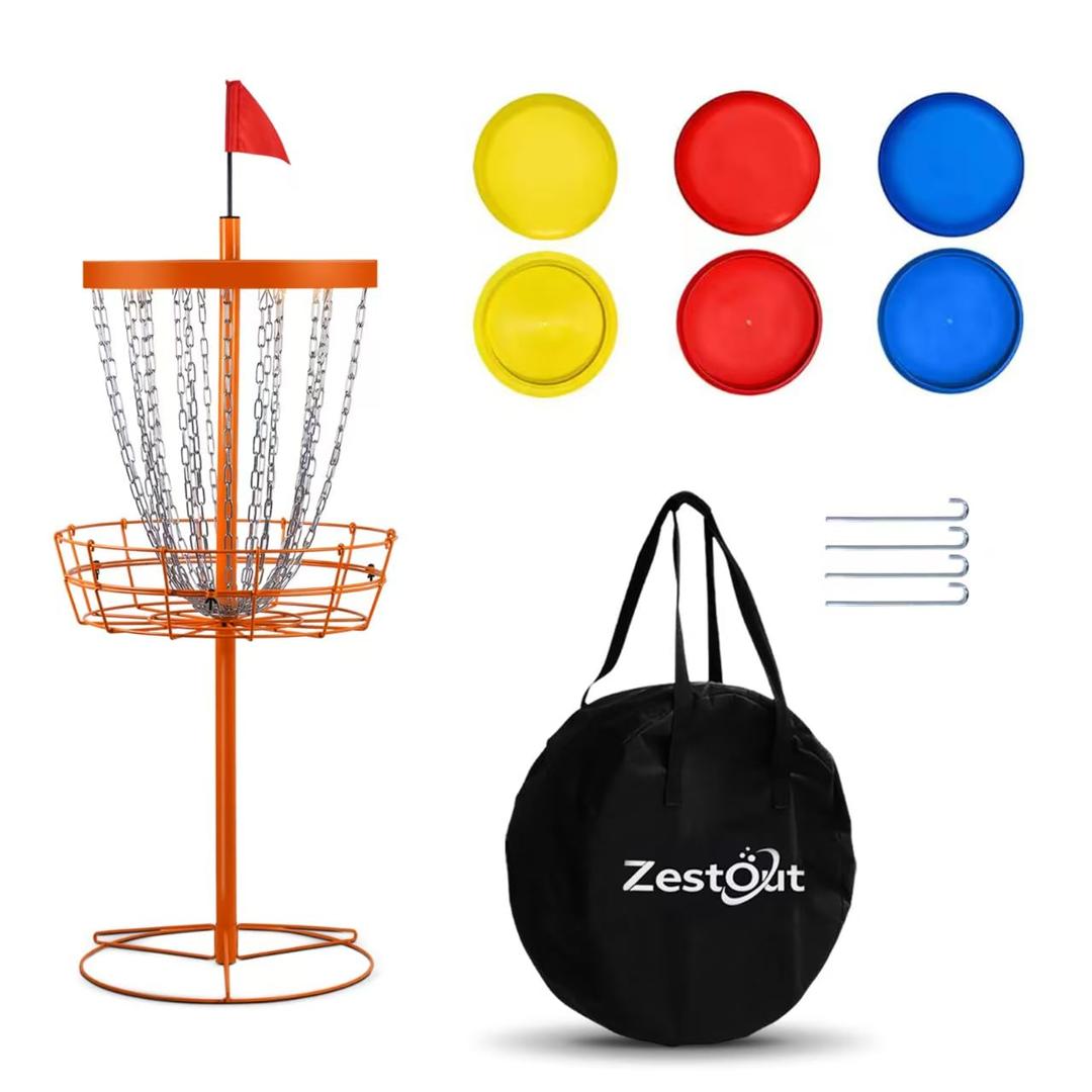 Zestout Backyard Disc Golf Basket - Portable 24-Chain Target for Outdoor Practice, Easy Setup Heavy Duty | 6 Discs + Carry Bag + Ground Stake Included | Competition-Spec Size | Rust-Resistant