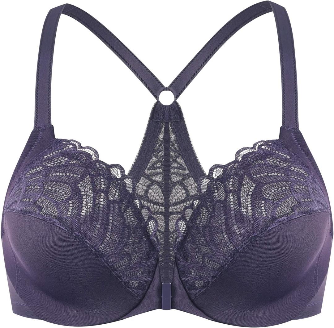 MELENECA Women's Racerback Front Closure Full Coverage Unlined Plus Size Underwire Bra (38D, Purple)