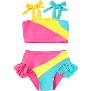 YOUNGER TREE Toddler Girls Two Pieces Swimsuit Color Block Stripe Swimwear Summer Beach Bathing Suit (18-24 Months, Pink Yellow)