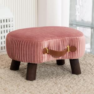 LUE BONA Small Curved Foot Stool with Handle, Pink Velvet Footstool and Ottomans, Modern Foot Rest with Wooden Legs, Step Stool with Padded Seat for Couch, Living Room