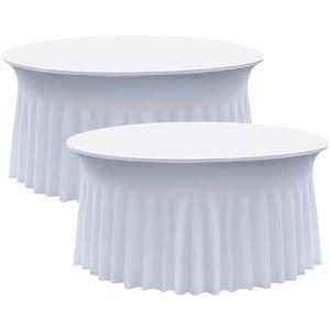 Nobed HHT 2 pk White Round Spandex Tablecloth for 60in Tables, Wrinkle Free Stretchy 120inch Fitted 5FT Table Cloths Round Table Covers with Skirt for Wedding Party Dining Banquet Events