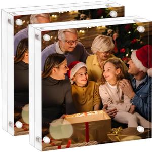 AMEITECH Acrylic Picture Frame 6x6-2 Pack, Clear Double Sided Frameless Photo Frame with Magnetic, Free Standing Desktop Acrylic Frame Display, Lucite Frame with Gift Box Package