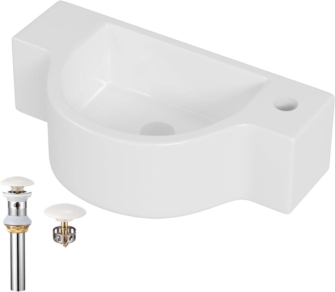 Wall Mount Bathroom Vessel Sink, 17.8 Floating Ceramic Basin for Small Bathroom with Pop-up Darin, No Overflow, White