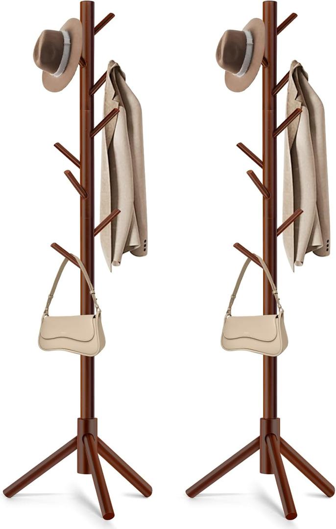 WANGMUXIA 2 PCS Coat Rack, Freestanding Coat Rack with 8 Hooks and 3 Adjustable Size Tree Coat Racks for Bedroom, Hallway, Entrance, Office, for Hats, Coats, Scarves, Handbags (Brown)