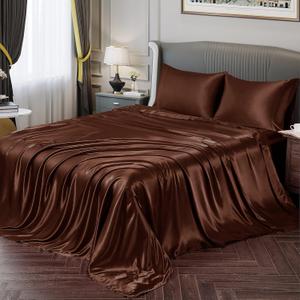 Vonty Satin Sheets Queen Silky Soft Satin Bed Sheets Brown Sheet Set, 1 Deep Pocket Fitted Sheet + 1 Flat Sheet + 2 Pillowcases