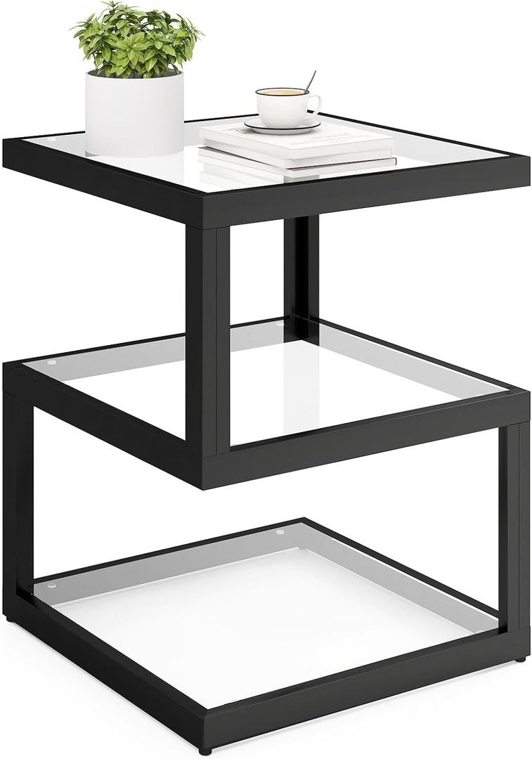 S-Shaped 3-Tier Glass Side Table with LED Strip, Modern Black End Table for Living Room & Bedroom (Square)