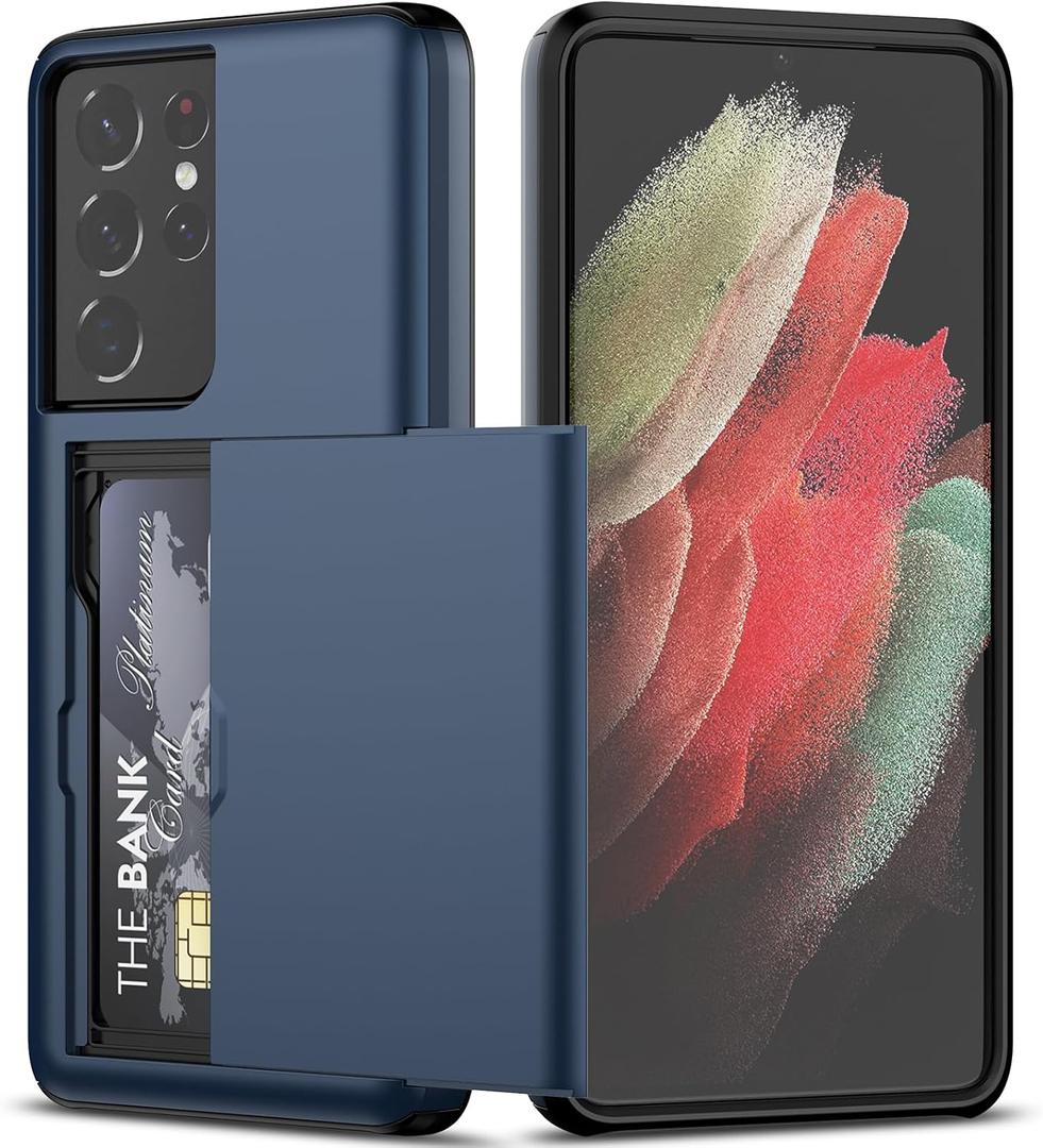Nvollnoe for Samsung S21 Ultra Case with Card Holder Dual Layer Heavy Duty Protective for Galaxy S21 Ultra Case Hidden Card Slot Slim Wallet Case for Samsung S21 Ultra(Blue)