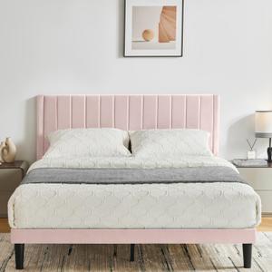 Queen Size Platform Bed Frame with Velvet Upholstered Headboard