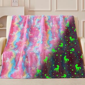 QSTEHEML Glow in The Dark Unicorn Blanket Birthday Gift for Girls Age 3-12 Years Old, Unicorns Toys Girls Presents for Grandkids, Soft Unicorns Throw Blanket for Daughter 50"60"