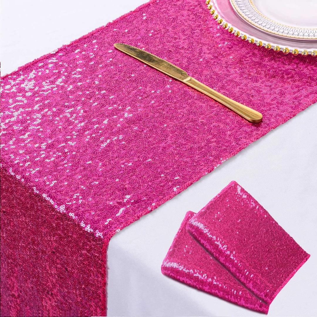 ShinyBeauty 12"x72"x2 Hot Pink Sequin Table Runner 2 Pack, Glitter Party Decor for Wedding Birthday Banquet, Shimmer Kitchen Dining Tablecloth Vintage Decoration