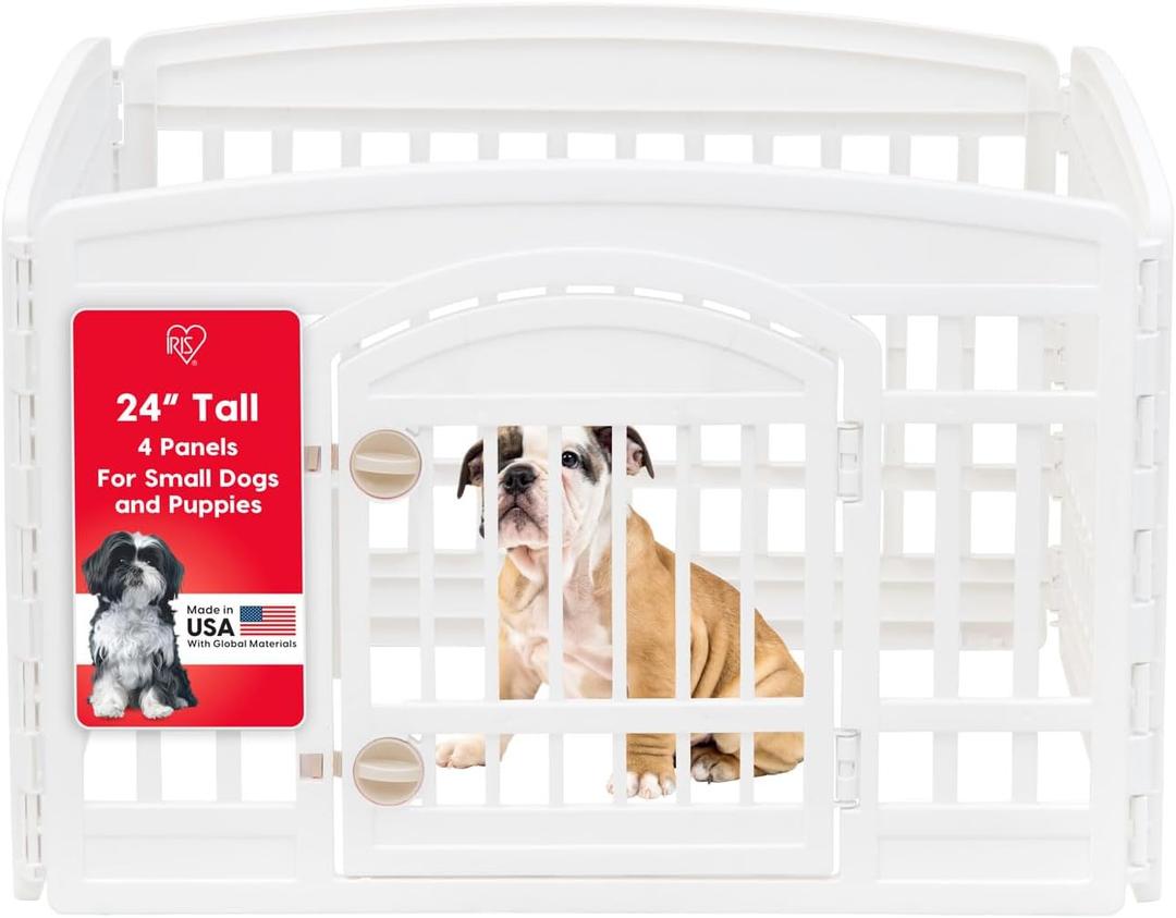 IRIS USA Dog Playpen with Door, 24 4 Panel Pet Exercise Pen Indoor Outdoor Puppy Play Pen, Portable Plastic Pet Fence for Small Medium Dogs, Foldable 35 x 35 x 24, White