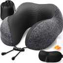 ExploreBliss Travel Pillow, Memory Foam Neck Pillow Airplane, Grey | Travel Pillows for Airplanes, Neck Pillow Airplane, Memory Foam Neck Pillow Set with Eye Mask, Earplugs