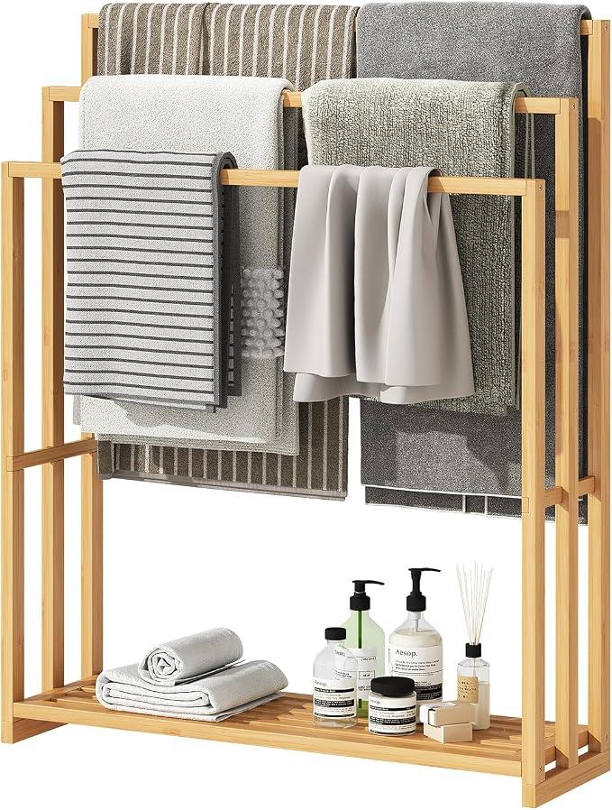 Bamboo Towel Rack Stand, 3 Tier Freestanding Bathroom Towel Drying Rack 41.73x12.1x2.56 inches • Natural • Waterproof • Blanket rack • Blanket holder • Ventilated • Bottom shelf • Anti-tip