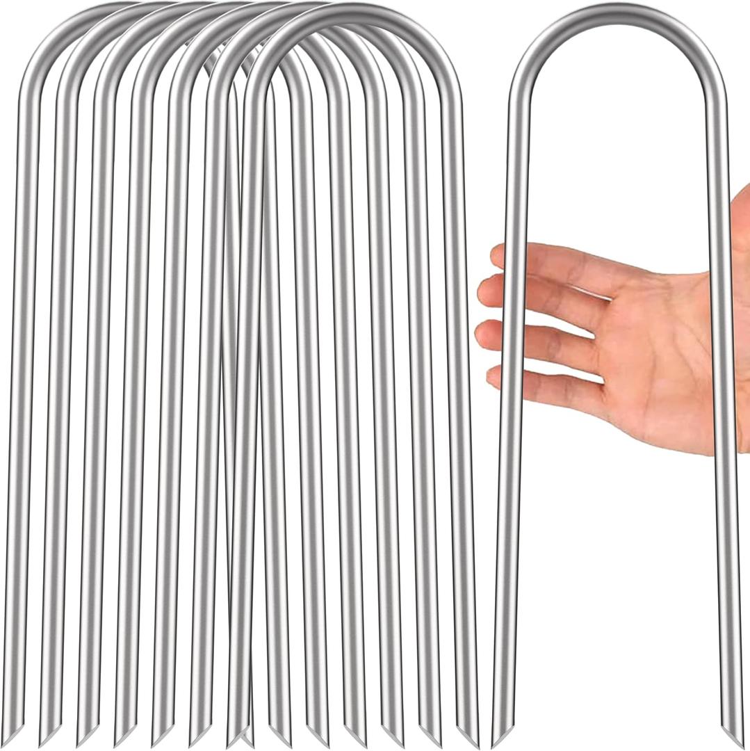 Heavy Duty Trampoline Stakes Anchors High Wind U Type Sharped Ends Safety Ground Anchors Galvanized Steel 11.8 inch for Soccer Goals,Tents and Garden Decorations (Silver)