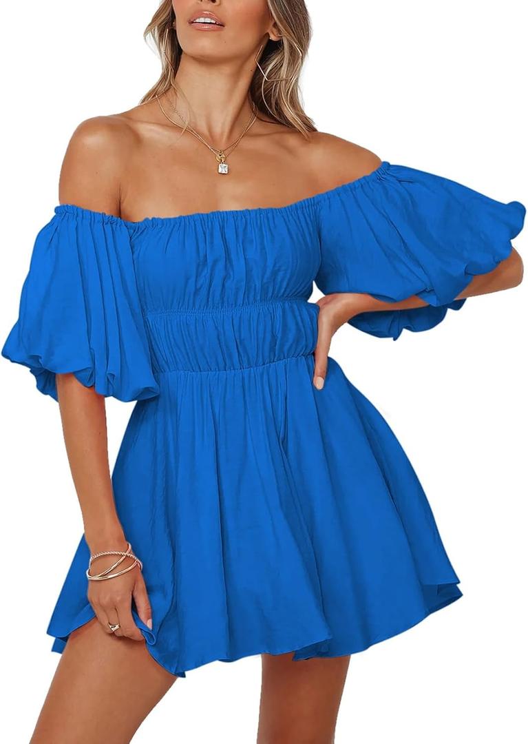 2 x Dokotoo Womens Off The Shoulder Elastic Waist Summer Dresses | Ruffle,A-Line,Square Neck,Lantern Sleeve,Wedding Guest,Bohemian,Beach Vacation,Sundresses,Casual,Pirate Dress (Blue, S)