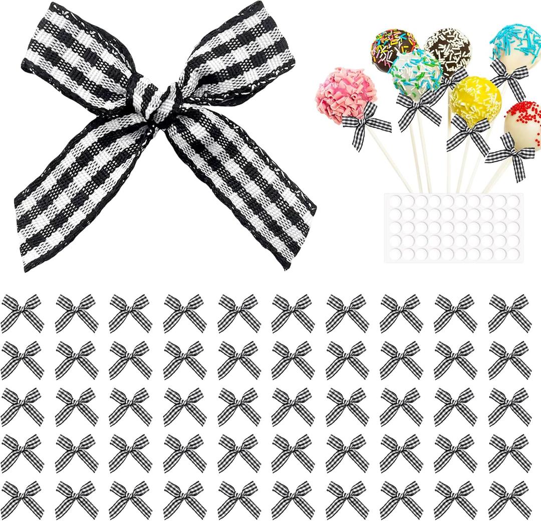 50pcs Christmas Mini Plaid Burlap Bows, Premade Buffalo Gingham Ribbon Bows, Vintage Checkered Bow White Black Birthday Decorations for Christmas Wreath, DIY Crafts, Sewing, Wedding