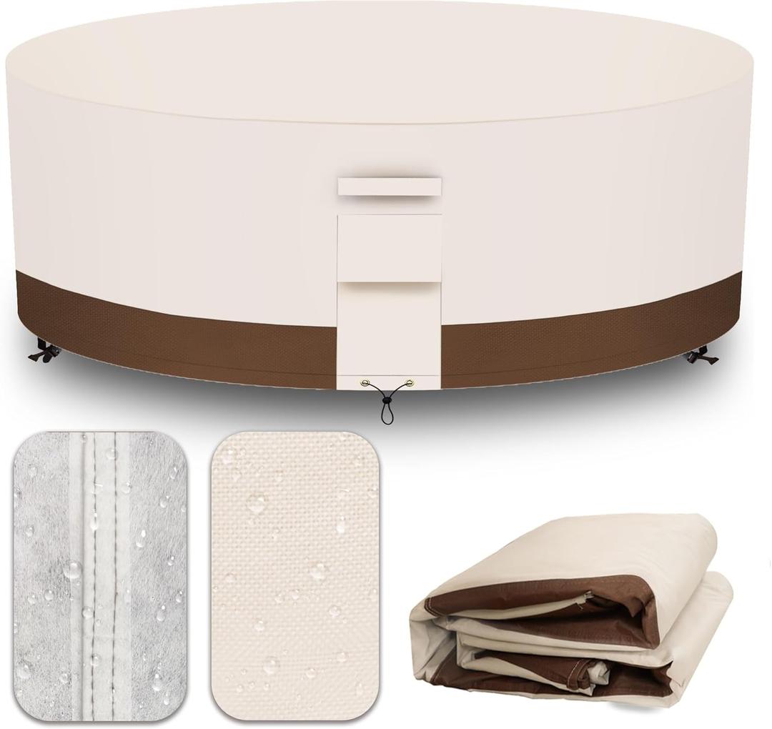 Heavy Duty Patio Furniture Covers Outdoor, Waterproof Round Table Cover 600D Canvas, Large Circular Patio Dining Table And Chair Set Covers 48"DIA x 28"H, Beige Brown