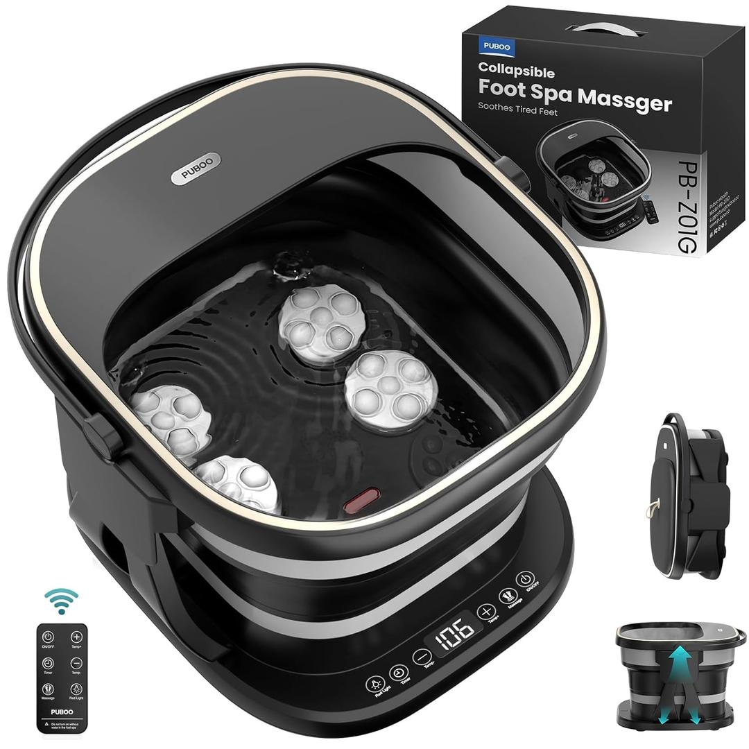 Puboo Collapsible Foot Spa Bath with Heat, Remote & Timer, 16 Massage Balls, Support Rods  Heated Pedicure Soaking Tub for Stress Relief, Great Gift for Family and Friends (Black)