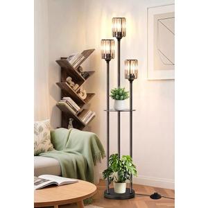 Crystal Floor Lamps for Living Room, Glass Modern Floor Lamp with Shelves, Mid Century Standing Lamps with Table, Brass Tall Lamp with Crystal Shade Vintage Retro Corner Floor Lamp (Black)