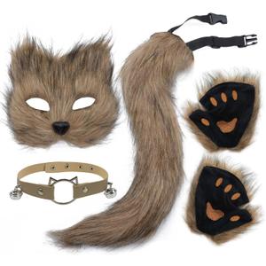 Furry Costume Therian Mask and Tail Kit, Atiofber Wolf Fox Set Fox Paws Gloves Costume Cosplay for Women Halloween (Brown, M)