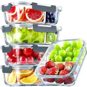 VERONES 5 Pack Glass Meal Prep Containers 2 Compartment Set, 36OZ Airtight Glass Lunch Containers, Glass Food Storage Containers with Lids, for Microwave, Oven, Freezer & Dishwasher Friendly,Grey