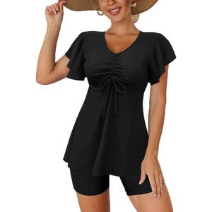 Fanuerg Women's Tankini Swimsuits Ruffled Flowy Tankini Tops with Boy Shorts Swimwear Tummy Control Two Piece Bathing Suits (Black), Size: XXL