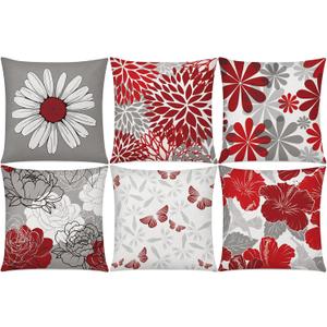 COMMINY Red Grey Pillow Covers 18x18 Set of 6 Decorative Burgundy Daisy Throw Pillow Cover for Couch Modern Farmhouse Cushion Pillow Case for Living Room Patio Home Decor