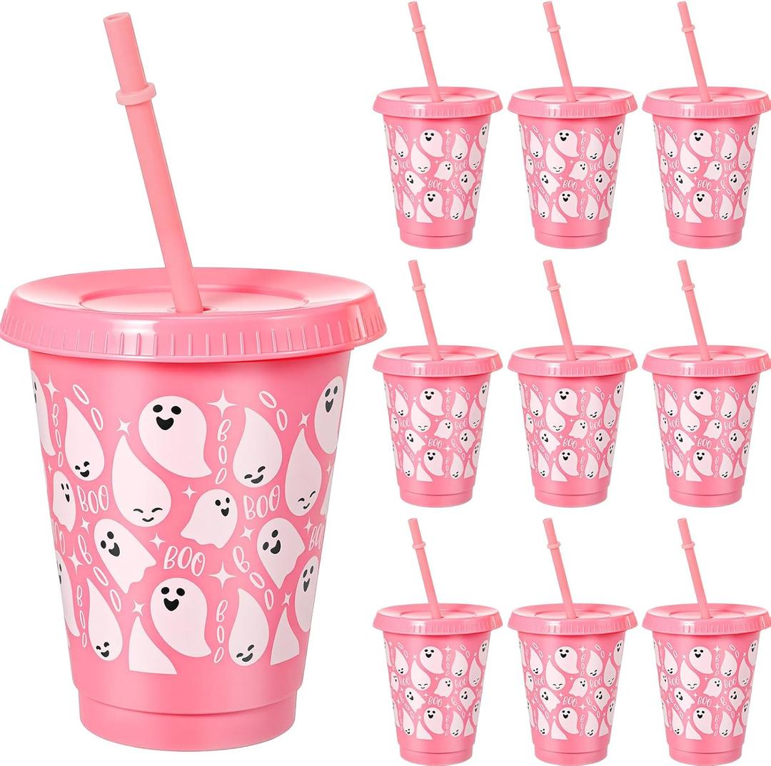 10 Pcs Halloween Ghost Plastic Cups with Lids and Straw Pink Ghost Boo Tumbler 16oz Reusable Drinks Cups for Cold Hot Coffee Movie Night Birthday Halloween Party Decorations