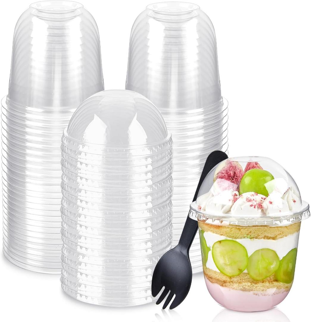 TOFLEN 50 Pack 12 oz Plastic Dessert Cups with Dome Lids (No Hole) and Sporks, Clear Disposable Yogurt Parfait Cups with Lids, Individual Party Serving Snack Cups for Pudding Dessert Fruit Cake