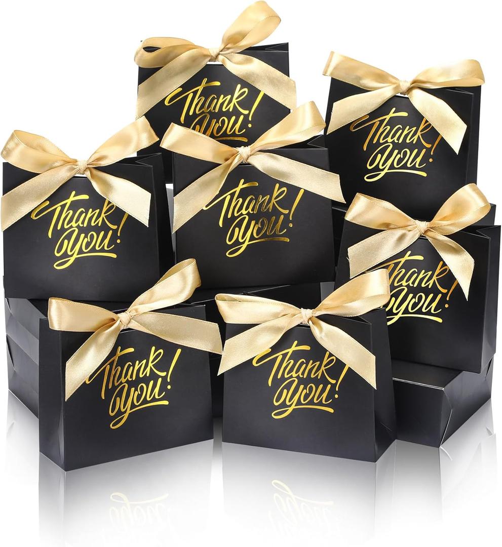 DOYIDE 120 Pack Small Thank You Gift Bags, 4.5x1.8x3.9in Party Favor Bags with Bow Ribbon, Mini Paper Gift Bag with Gold Foil Printed, Black Treat Boxes for Birthday Wedding Bridal Baby Shower
