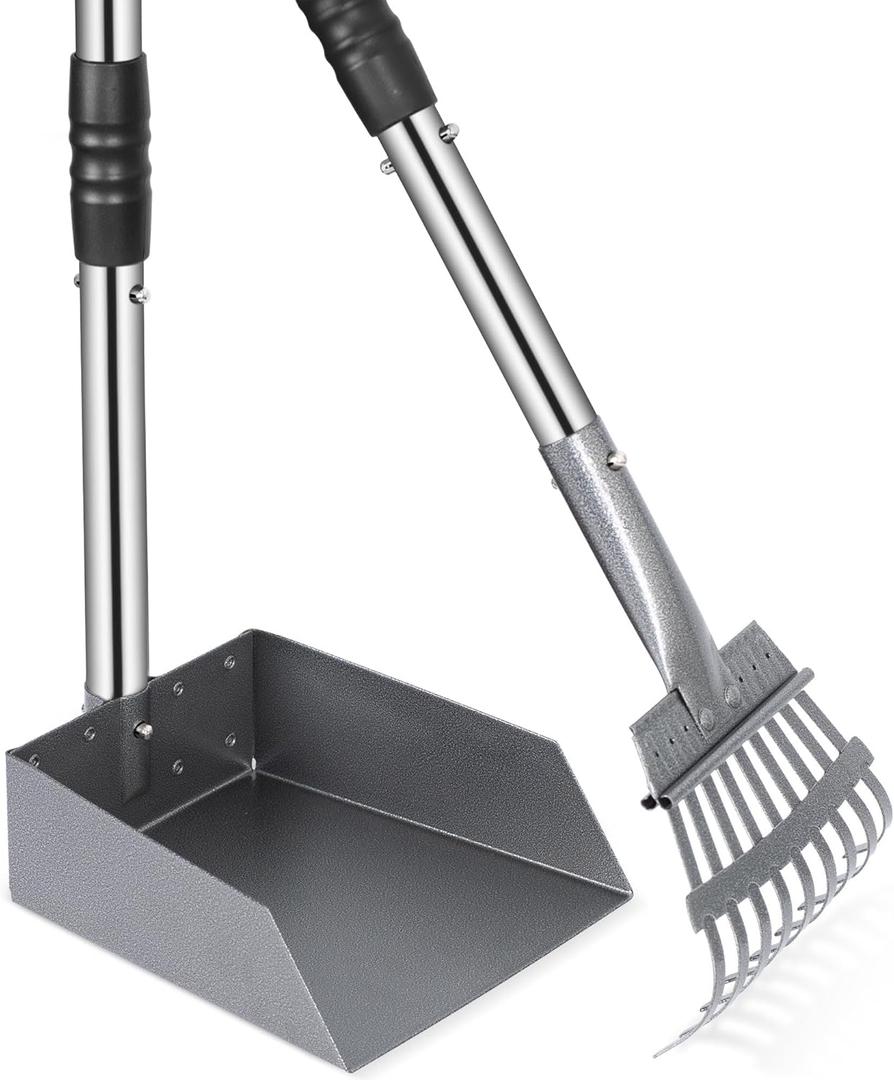 Heeyoo Dog Pooper Scooper, Dog Poop Tray and Rake Set, Pet Waste Removal Scoop with Long Adjustable Sectional Stainless Handles (Silver/Black)