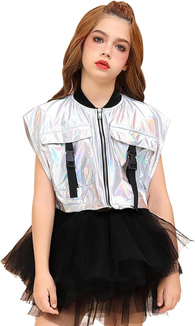 Perfashion Girls Vest Cropped Cargo Metallic Jacket Buckle Zip Up With Pockets Streetwear Outfit 4-13Y (10-11 Years, Laser Silver Vest 01-425)