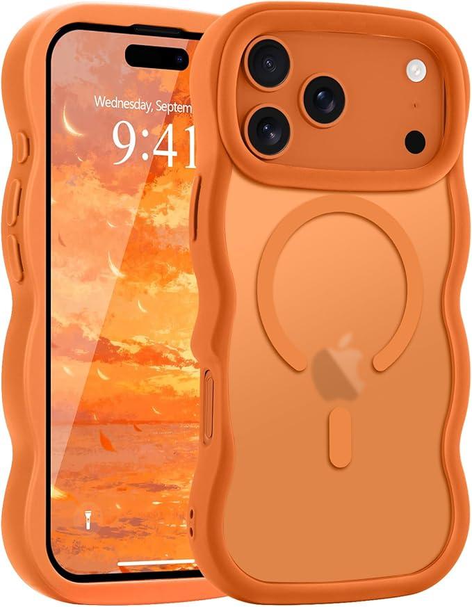 Pepmune for iPhone 17 Pro Max Case, Curly Wavy Frame Hard Translucent Matte Clear Back Cover for Women Men Compatible with Magsafe TPU Bumper Shockproof Phone Case for iPhone 17 Pro Max, Orange