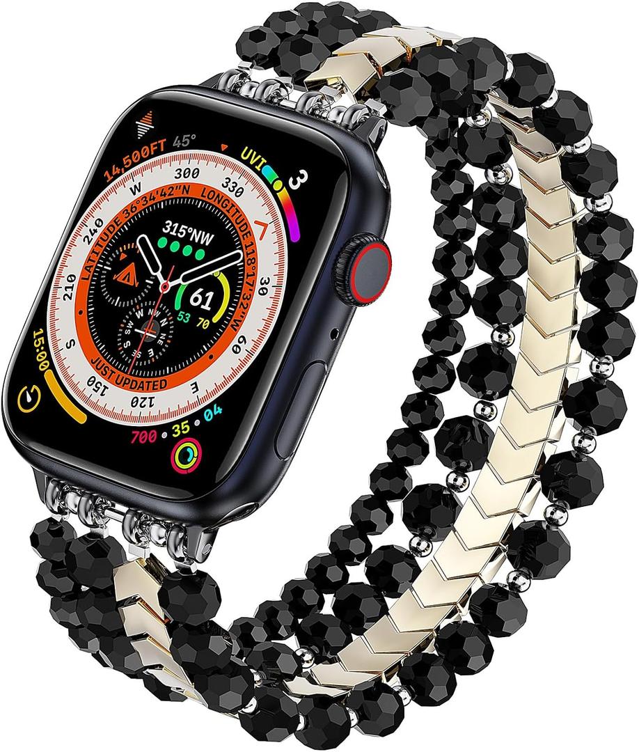 MOFREE Beaded Bracelet Compatible with Apple Watch Band 38mm/40mm/41mm/42mm, Fashion Elastic Stretch Women Bands for iWatch Series 11/10/9/8/7/SE/6/5/4/3/2/1 iPhone Watch Strap Bands (Black/Gold)