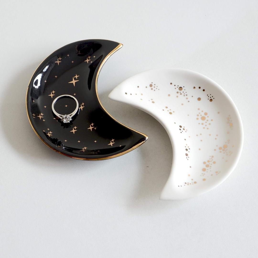 Small Moon Jewelry Dish Tray, Set of 2, Decorative Ceramic Trinket Dish, Modern Accent Tray for Vanity (White and Black)